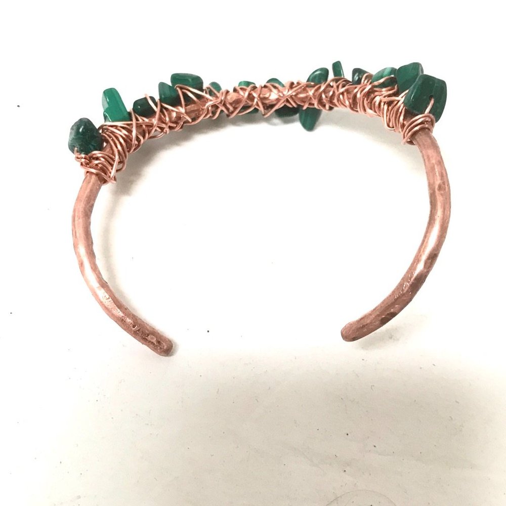 Genuine Malachite Gemstone Green Handmade Wire Wrap Cuff Solid Copper Bracelet - Picture 8 of 9
